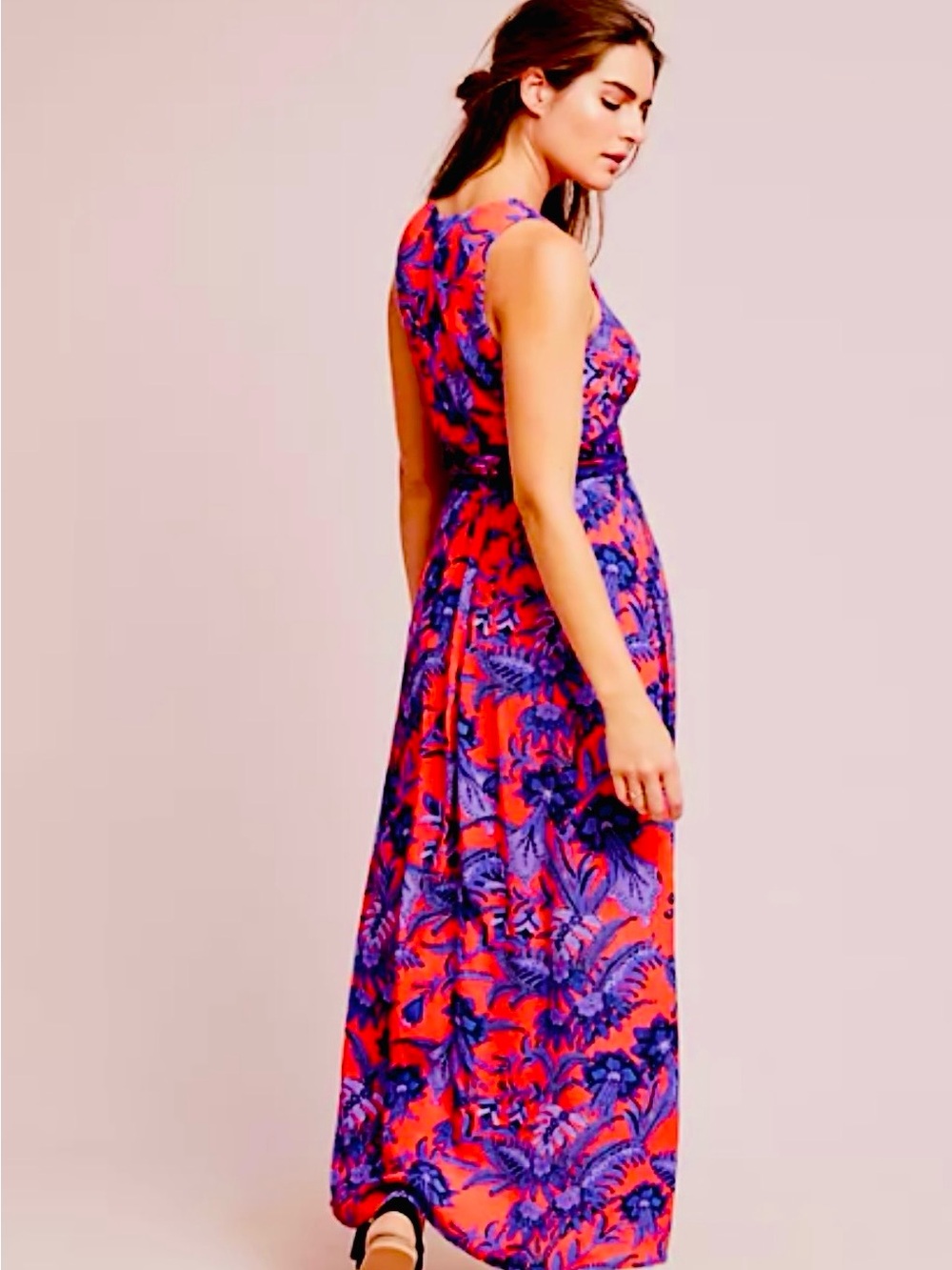 Floral Print Sleeveless Maxi Dress in Coral & Purple